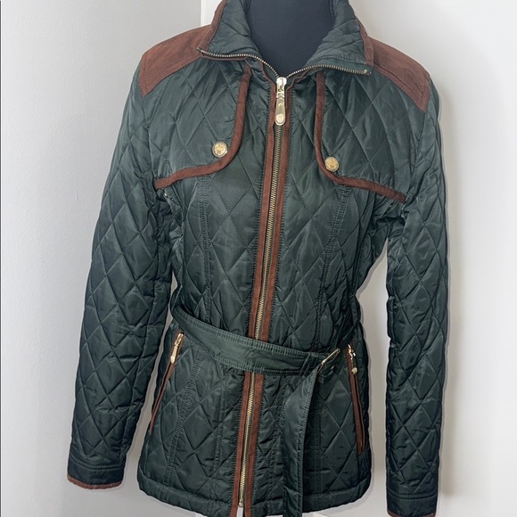 Green Quilted Utility Jacket with Brown Trim - Picture 7 of 9
